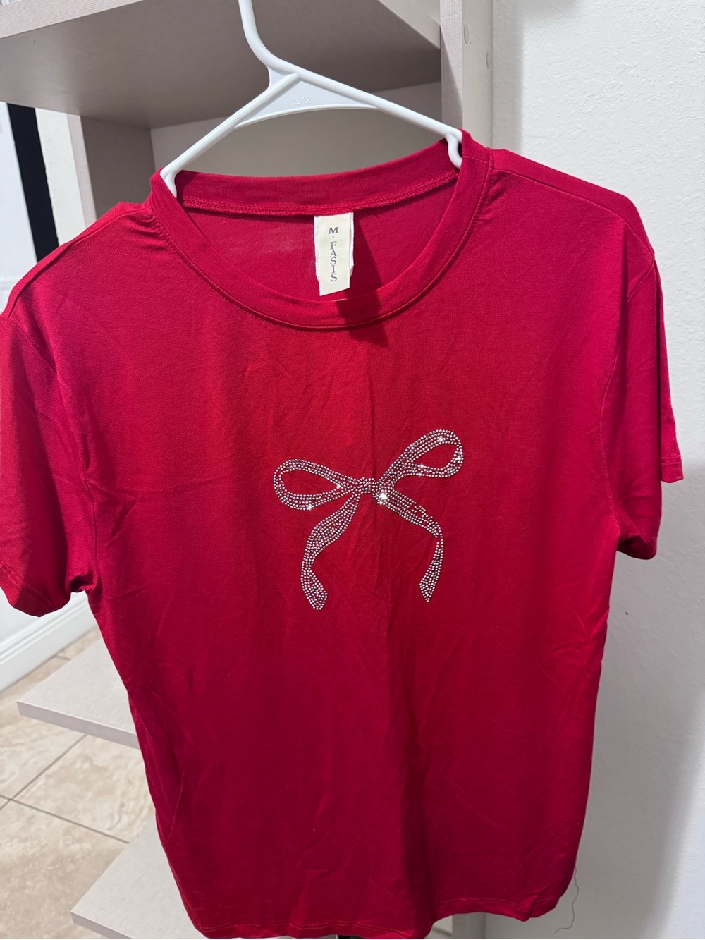 Women's Red Rhinestone Bow Short Sleeve Tee by